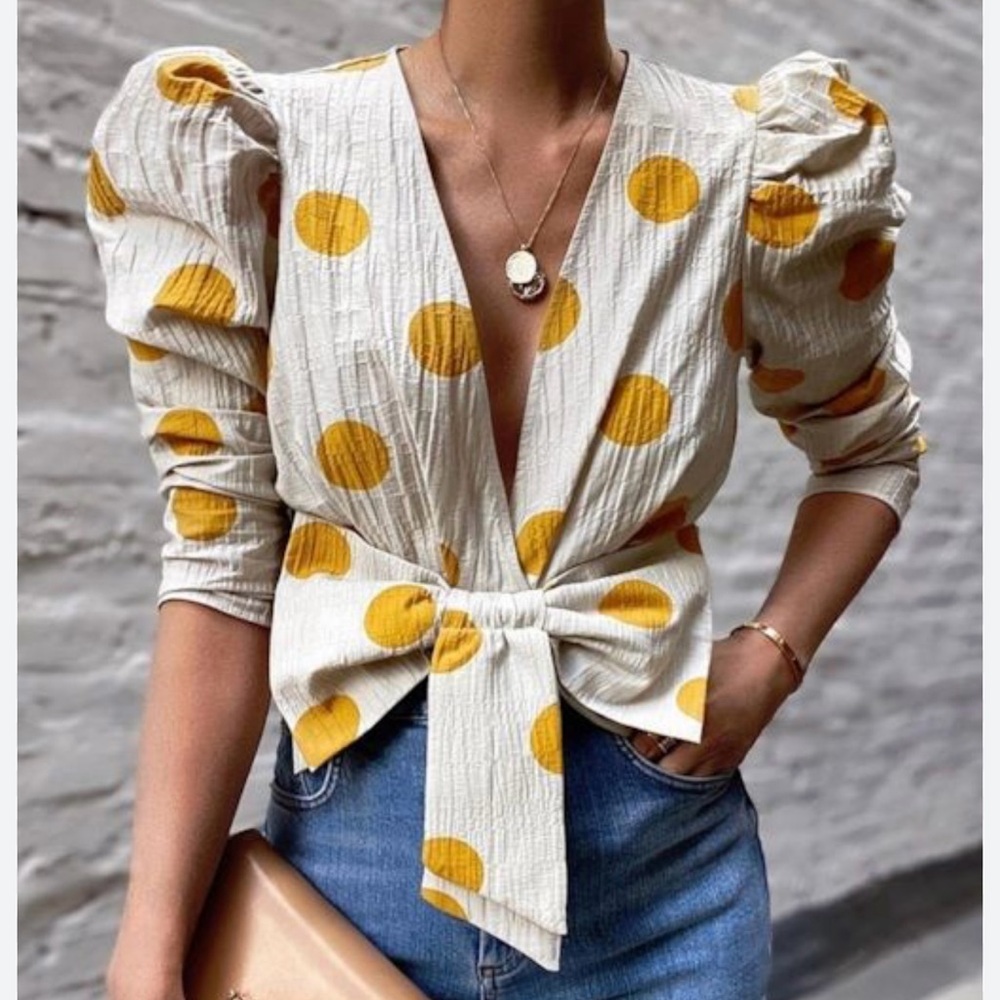 Zara Mustard Yellow Polka Dot Puff Sleeve Bow Top Size S